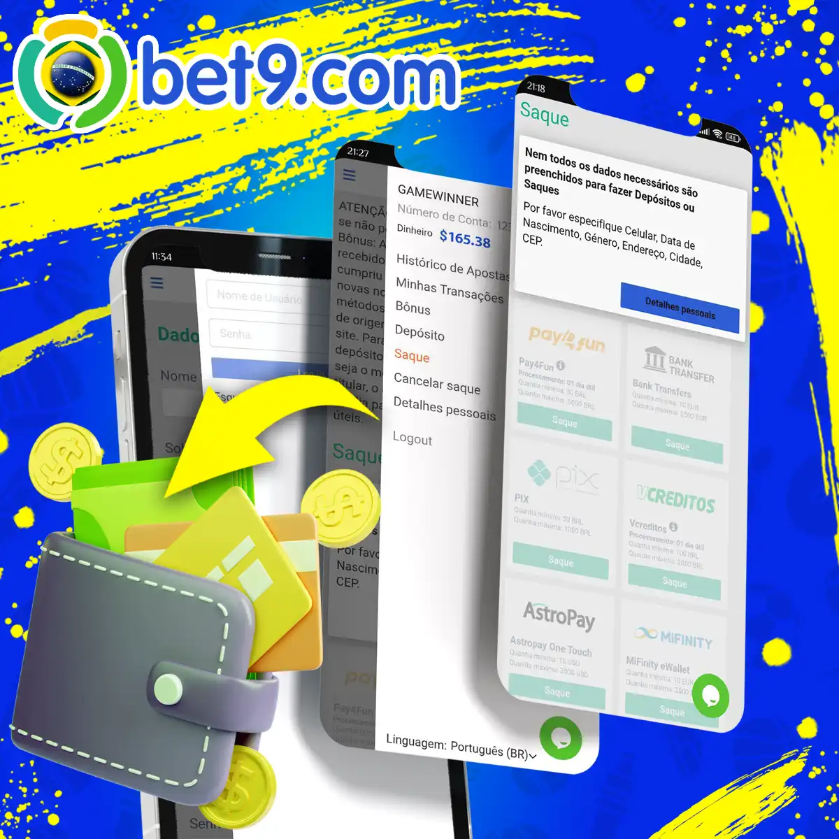 Diferentes maneiras de sacar dinheiro por meio do aplicativo Bet9 no Brasil.